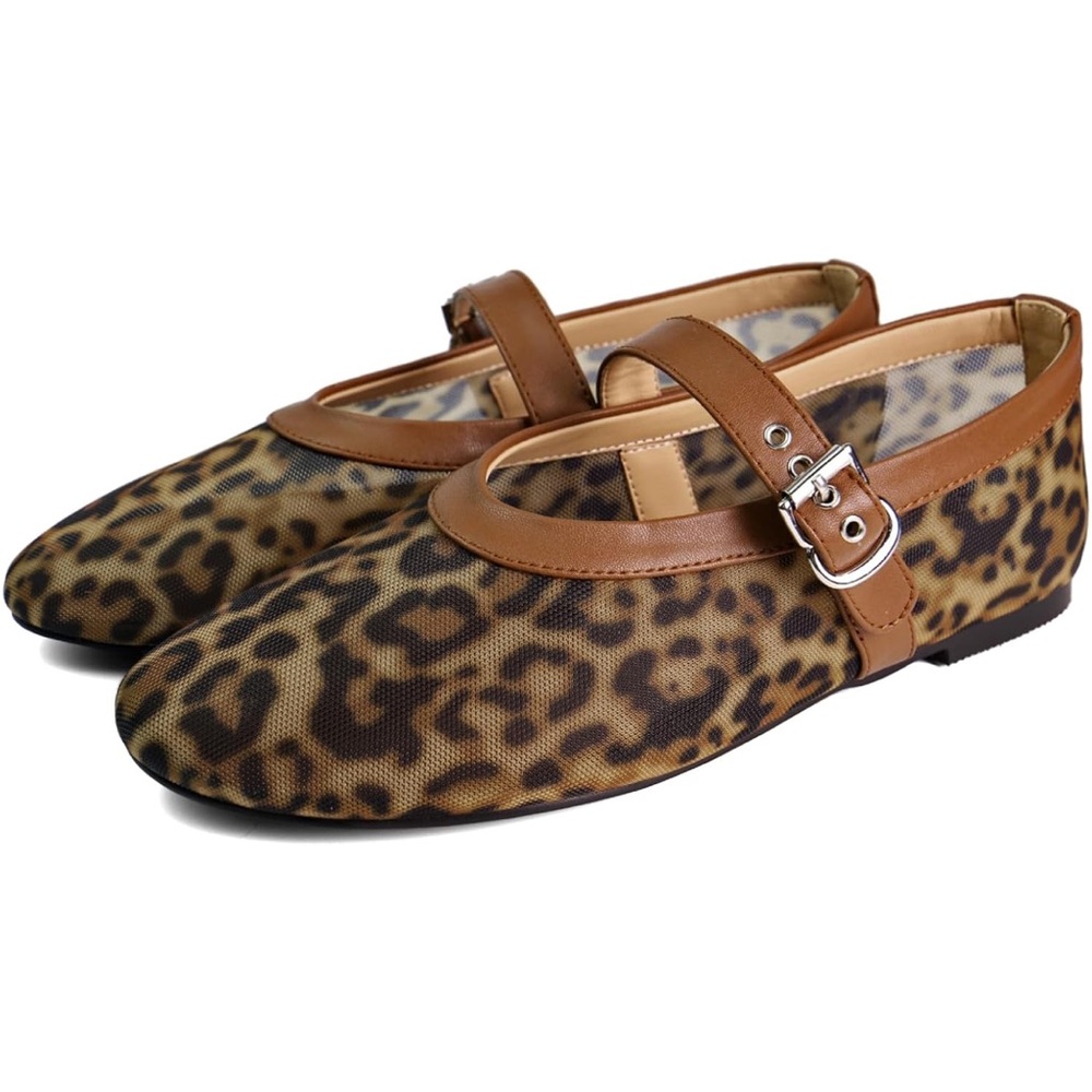 Leopard Mesh Ballet Flats W/ Round Toe Buckle Strap - Picture 8 of 8